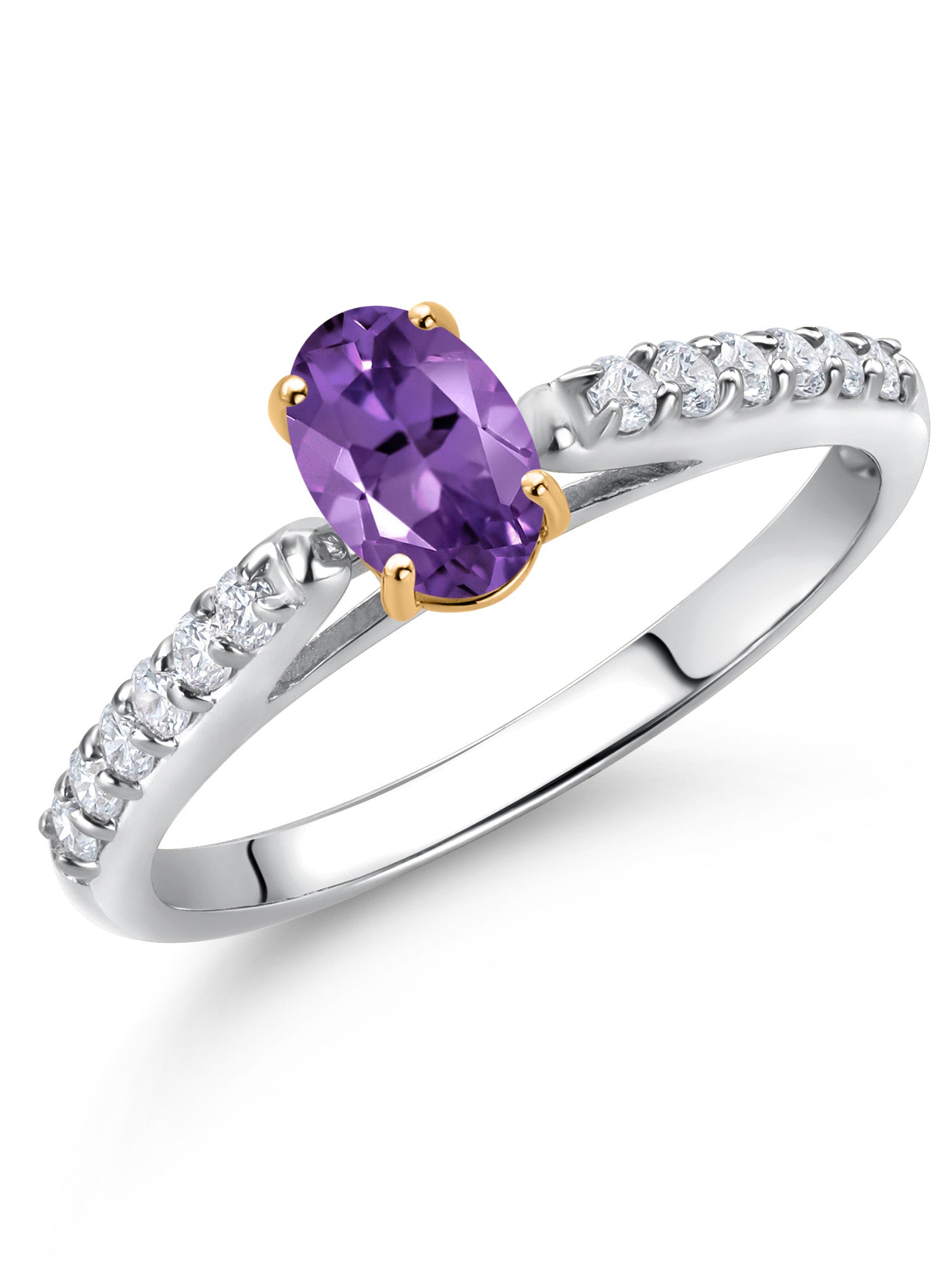 925 Sterling Silver 10K Yellow Gold Purple Amethyst White Lab Grown Diamond Engagement Ring (0.63 Cttw, Oval 6X4MM) D221579