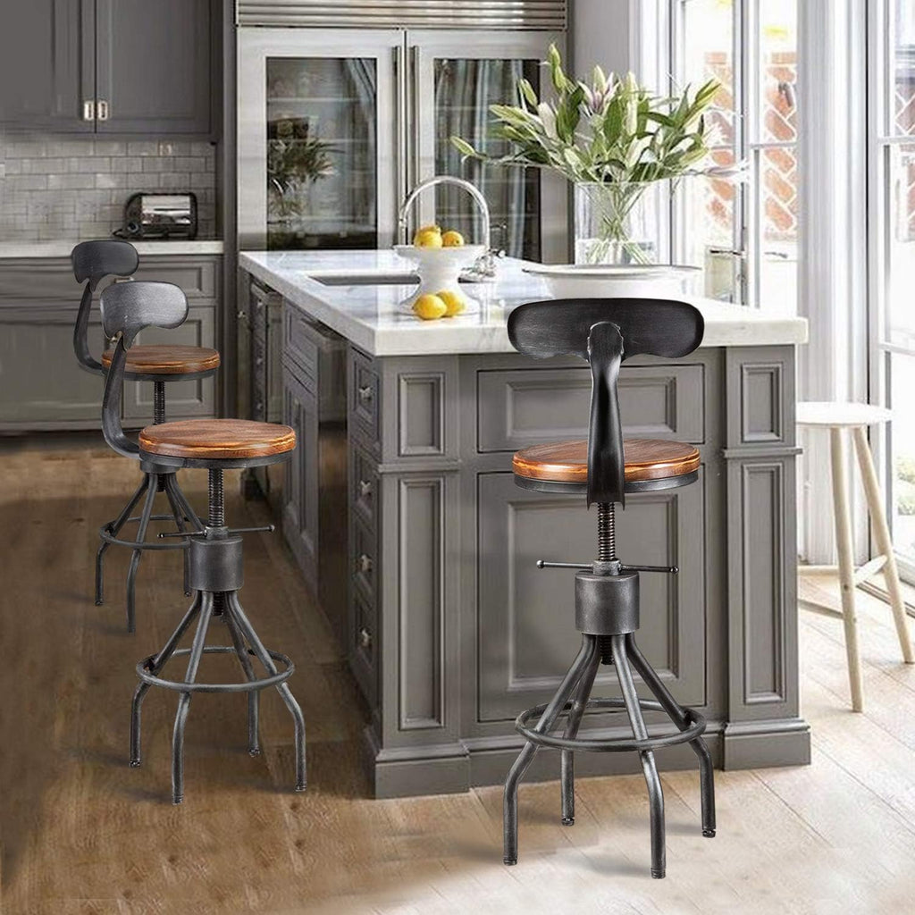 Industrial Vintage Bar Stool, Adjustable Pipe Stool, Cast Iron Stool, Swivel Bar Stool with Backrest, Metal Stool, Silver, Set of 2 F626