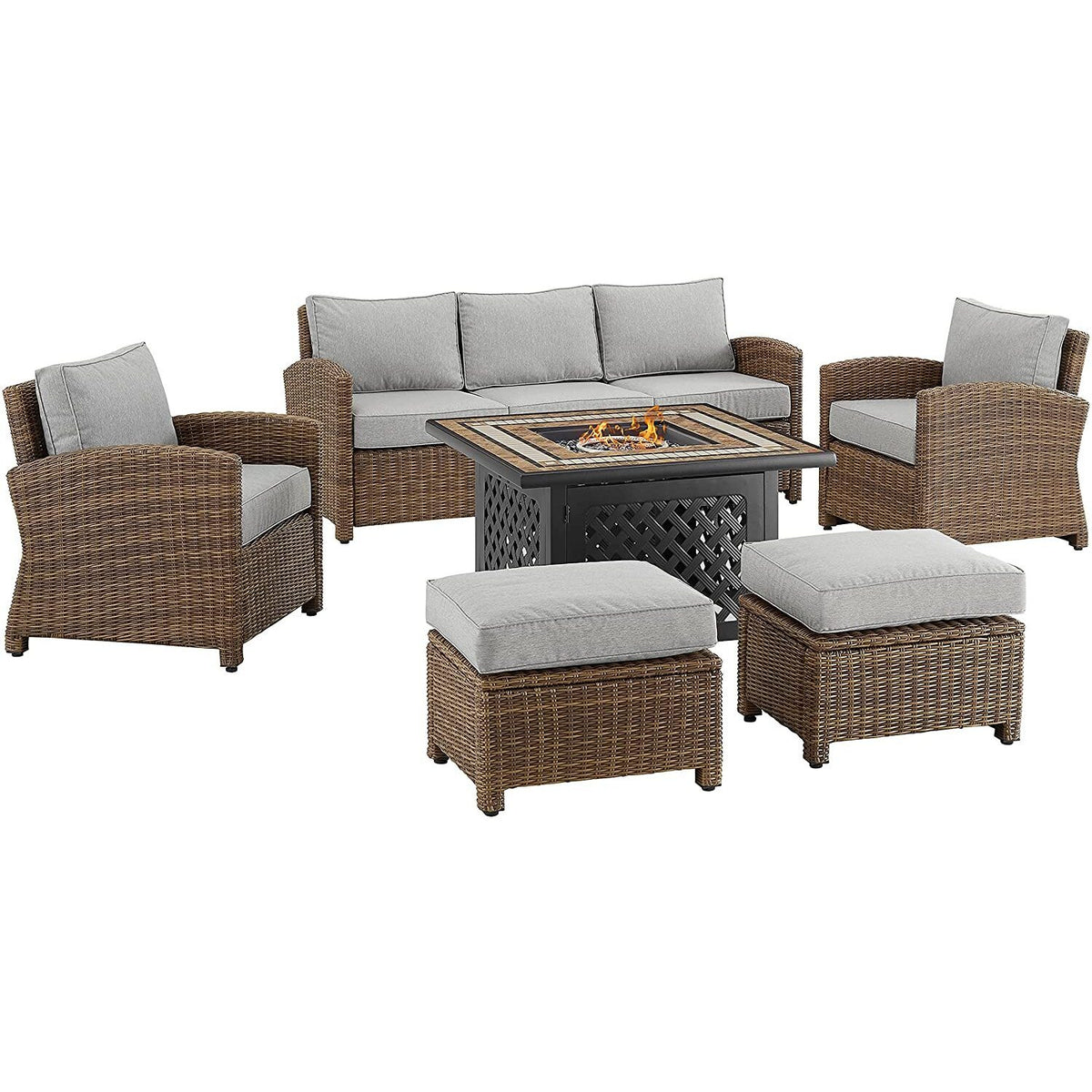 Gray Weathered Brown Outdoor Wicker Sofa Set with Fire Table P96615