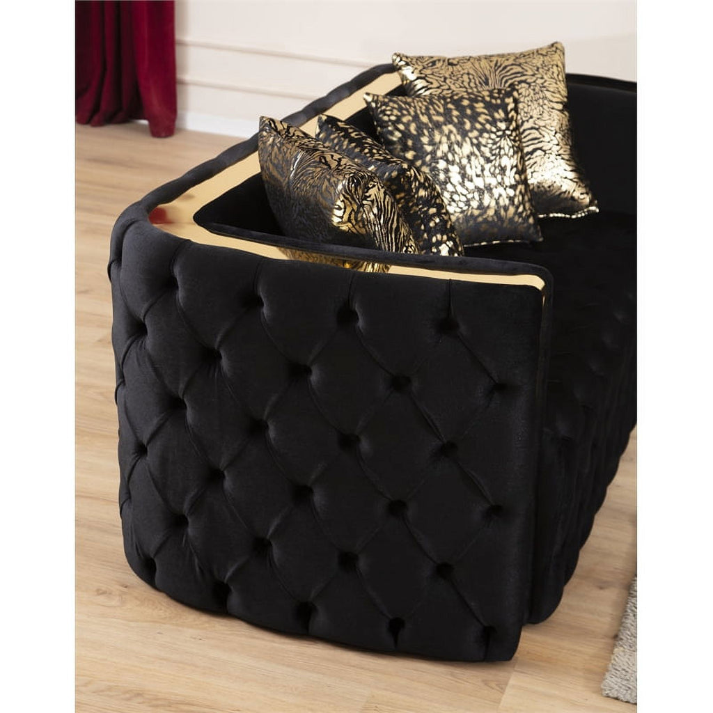 Black Velvet Tufted Loveseat with Gold Accent X600192
