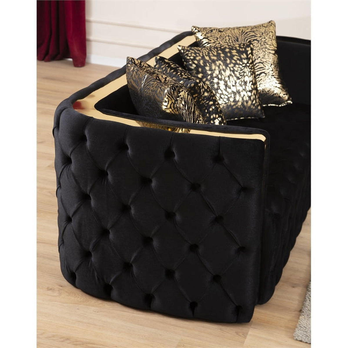 Black Velvet Tufted Loveseat with Gold Accent X600192