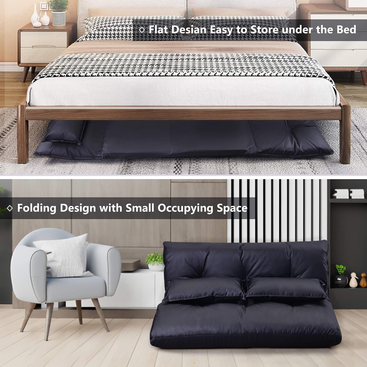 Adjustable Floor Sofa Bed with 2 Pillows, 5 Reclining Position, Black G36901