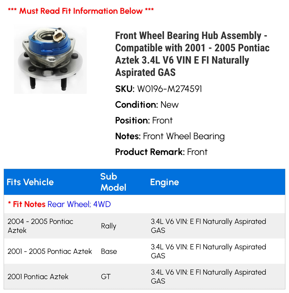 Front Wheel Bearing Hub Assembly H99051