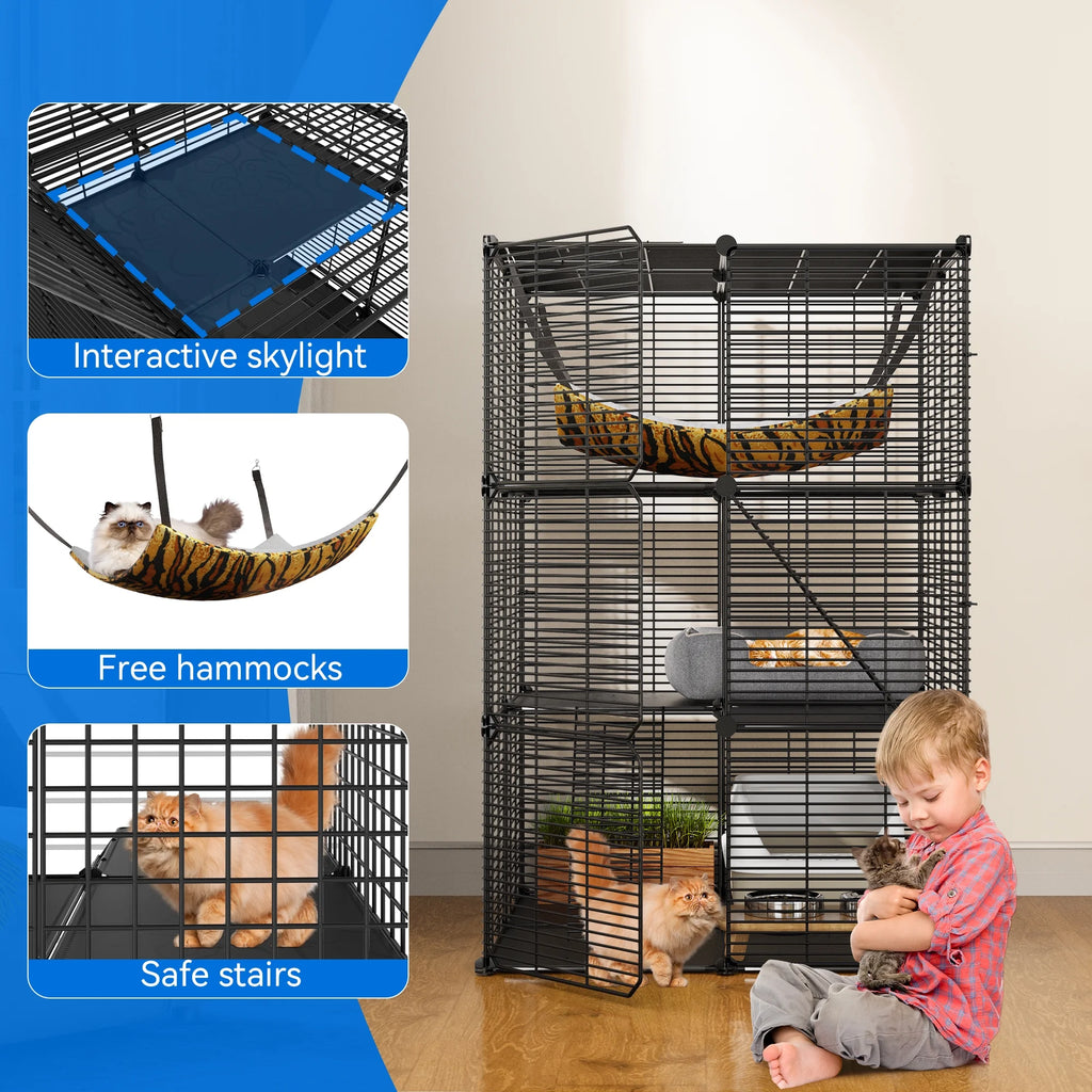 Indoor Cat Cage with Extra Large Hammock for Multiple Small Animals, 28"L x 28"W x 41"H, Black T580253