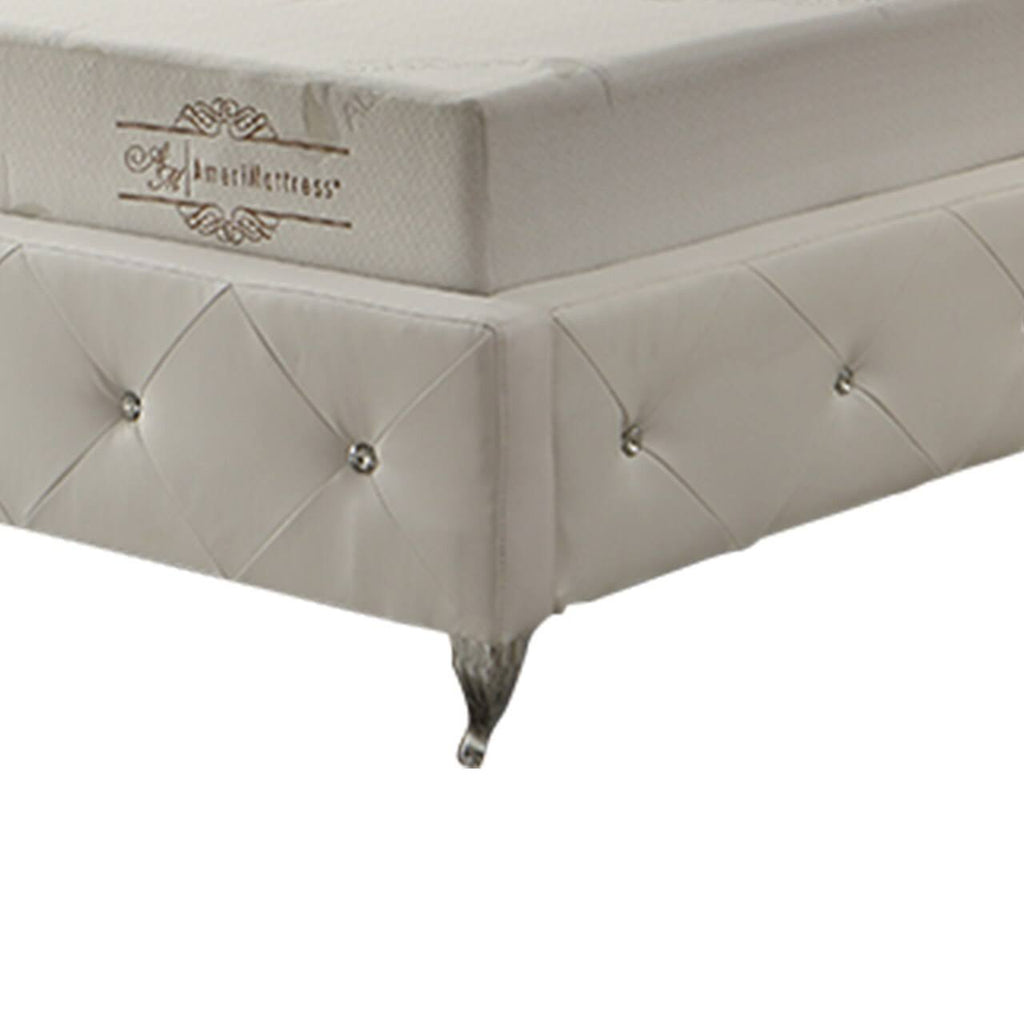 White Full Size Leatherette Bed with Crystal Tufted Headboard B42072
