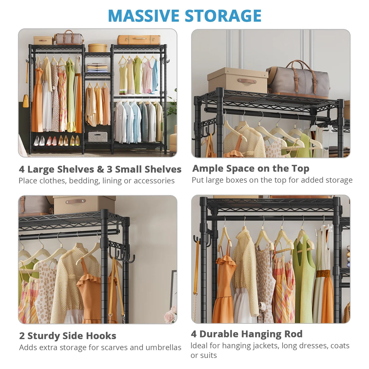 Heavy Duty Portable Clothes Rack, Max Load 800 Lbs, Black Q688