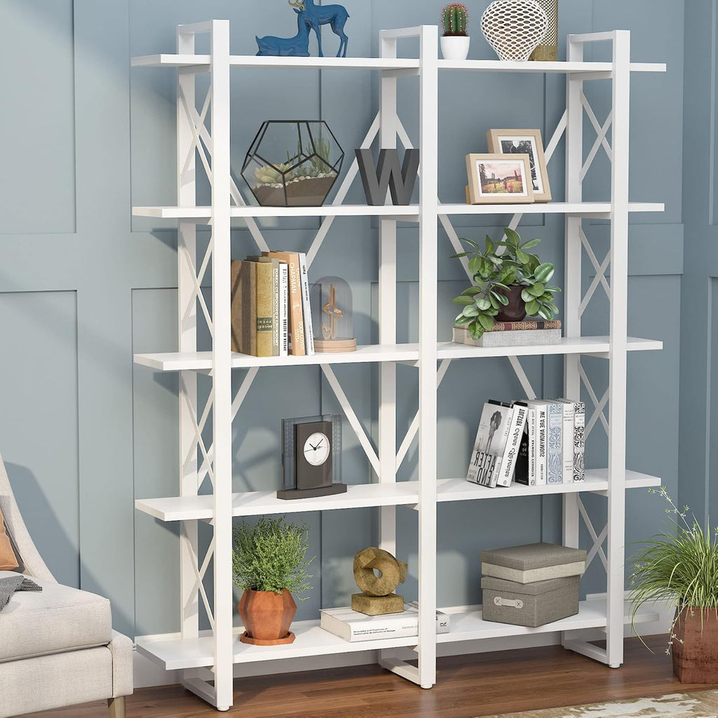 White 5-Shelf Wood and Metal Bookcase N71754