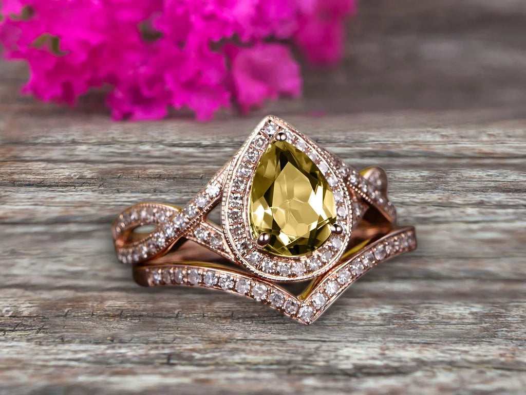 Pear Shape Champagne Diamond Moissanite Ring Set On 10K Rose Gold Halo Bridal Ring M638706