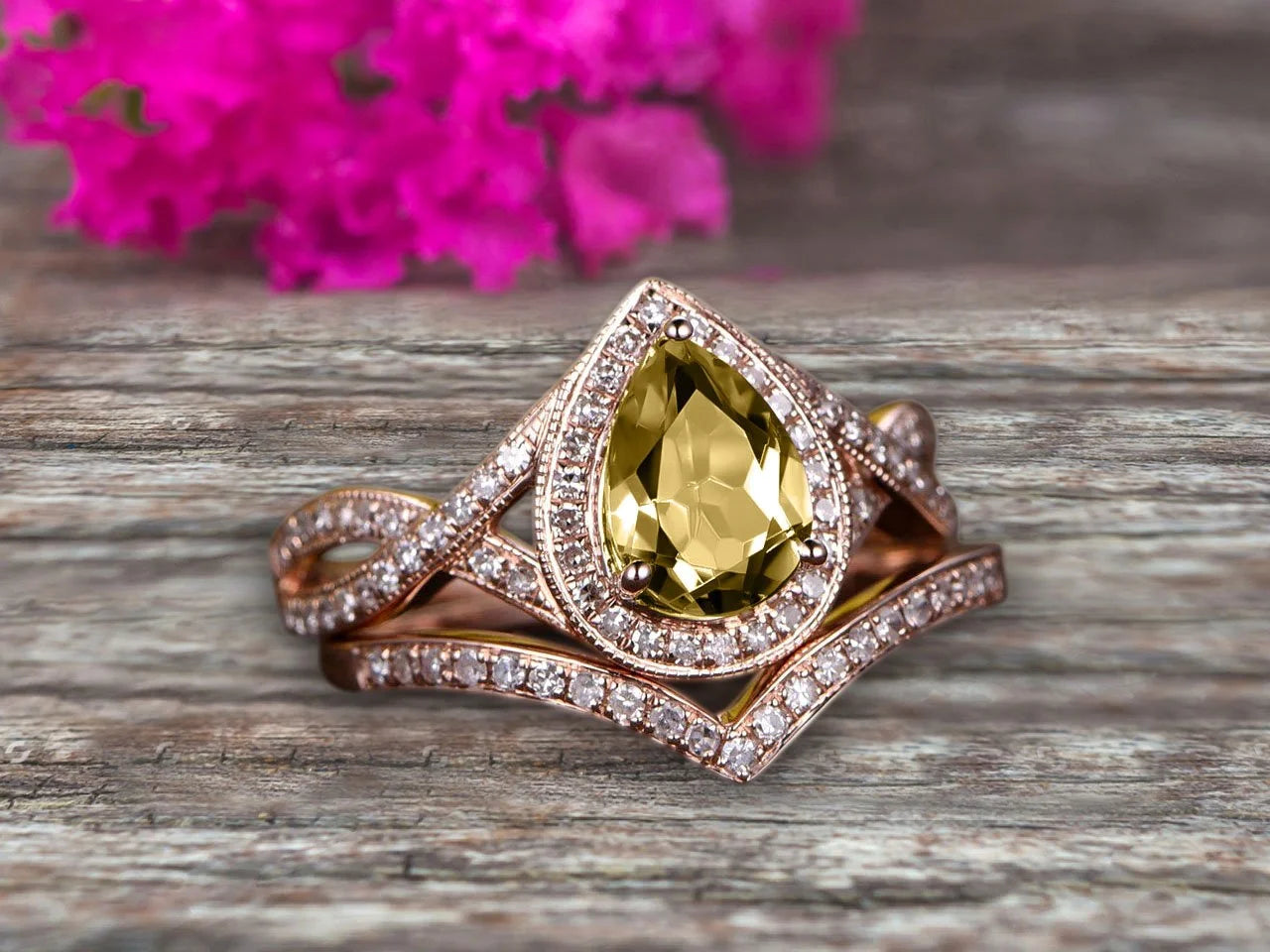 Pear Shape Champagne Diamond Moissanite Ring Set On 10K Rose Gold Halo Bridal Ring M638706
