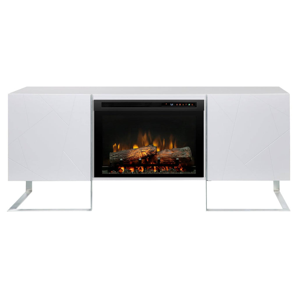 Gloss White Media Console Fireplace with Logs W896020