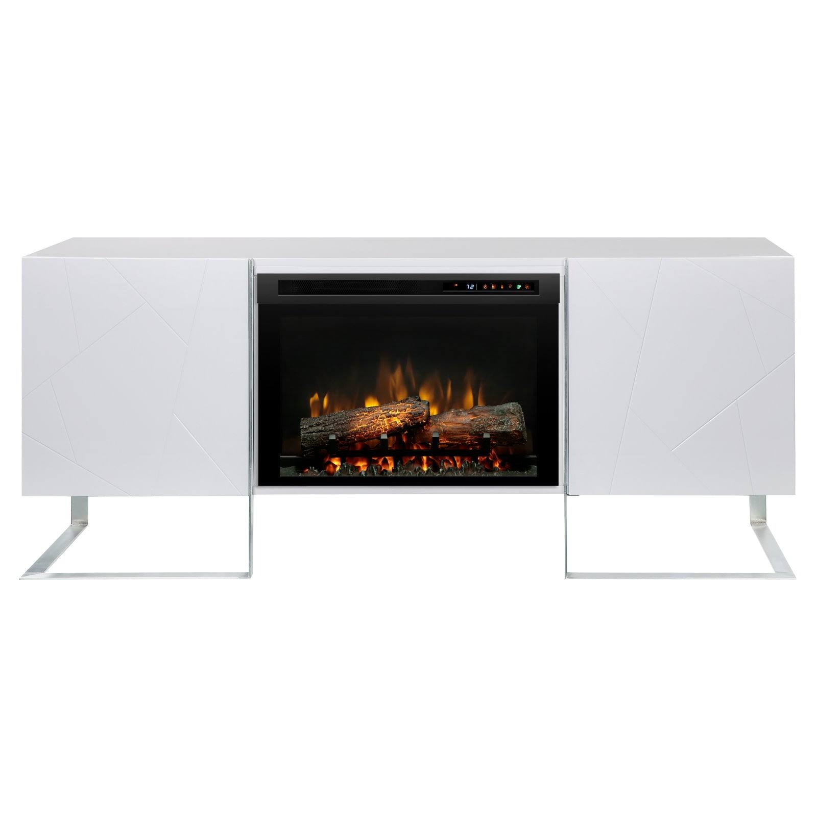 Gloss White Media Console Fireplace with Logs W896020