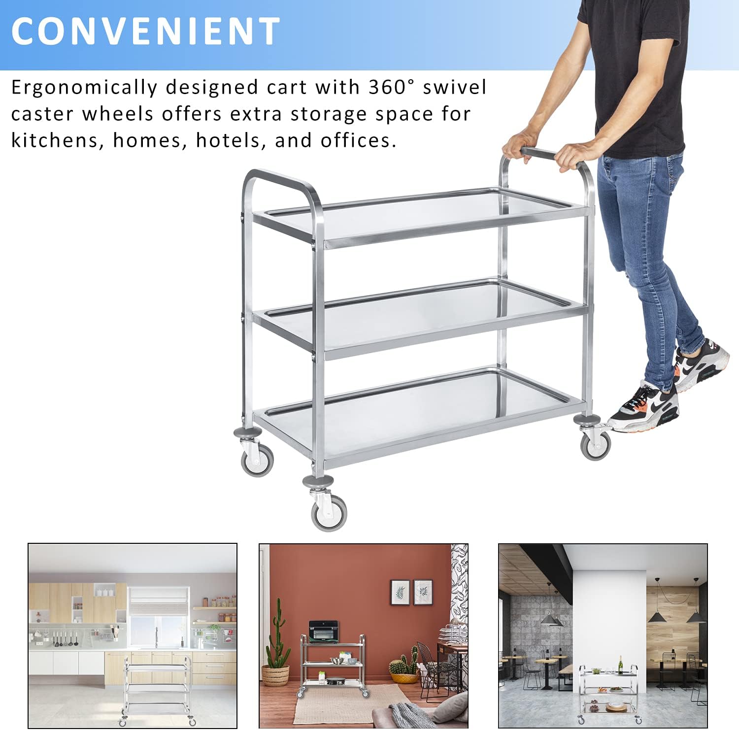 Stainless Steel 3 Tier Rolling Utility Cart with Swivel Locking Wheels H542508