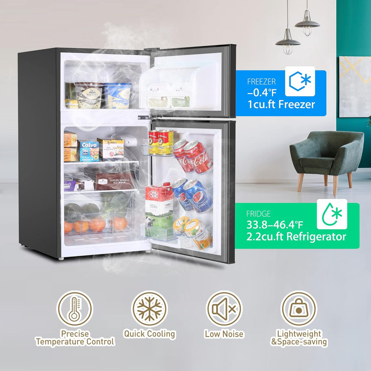 3.2 Cu.Ft Compact Refrigerator with 2 Doors, Mini Fridge with Freezer, Black F6097