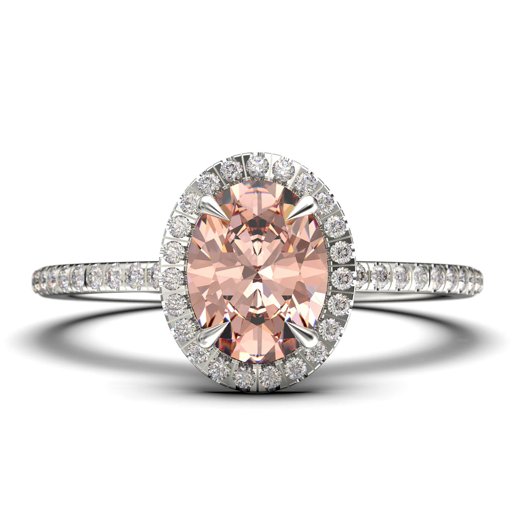 Art Deco 2.25 Carat Oval Cut Morganite And Diamond Moissanite Engagement Ring in 925 Sterling Silver With 18k White Gold Plating E5726
