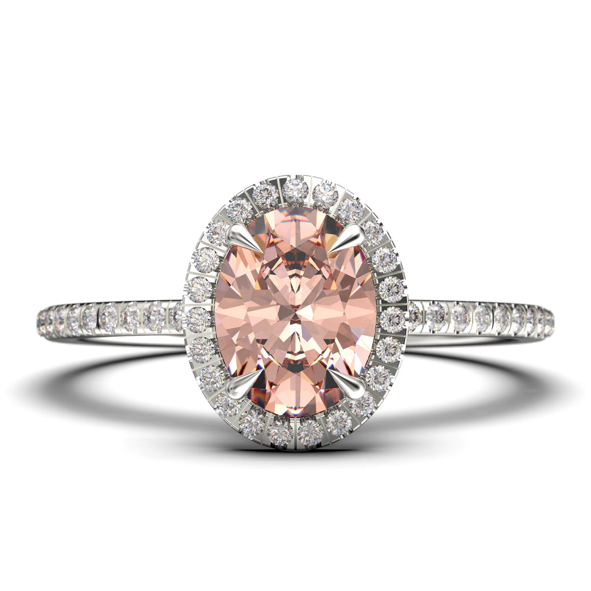 Art Deco 2.25 Carat Oval Cut Morganite And Diamond Moissanite Engagement Ring in 925 Sterling Silver With 18k White Gold Plating E5726