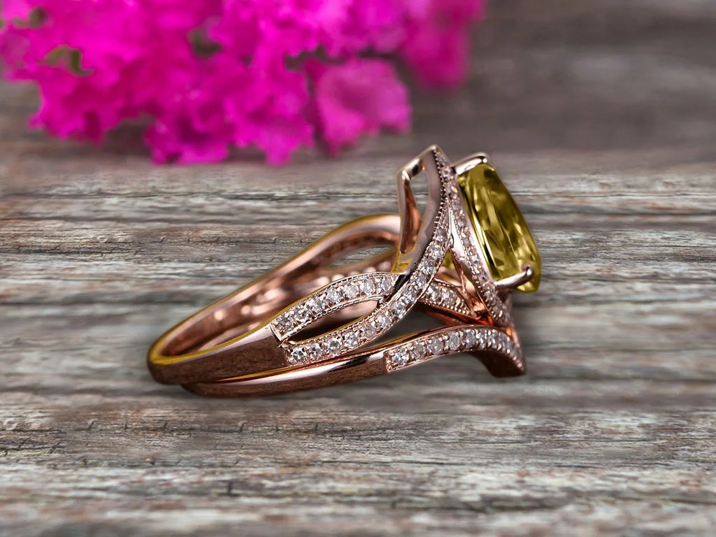 Pear Shape Champagne Diamond Moissanite Ring Set On 10K Rose Gold Halo Bridal Ring M638706