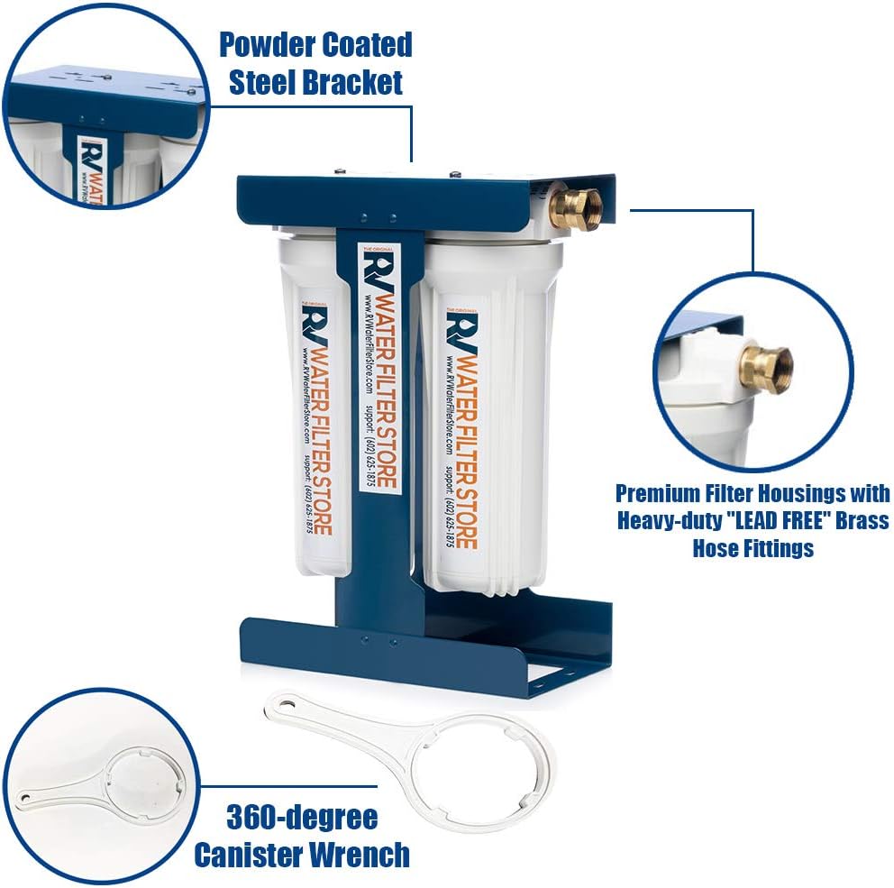 RV Water Filter System with Universal Blue Cage Mounting Bracket and Brass Hose Fittings X4663