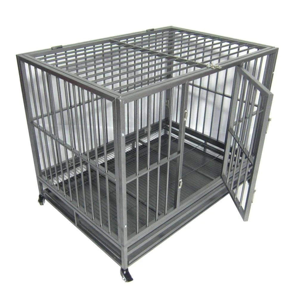 Silver Double-Door Dog Crate Kennel with Tray E219