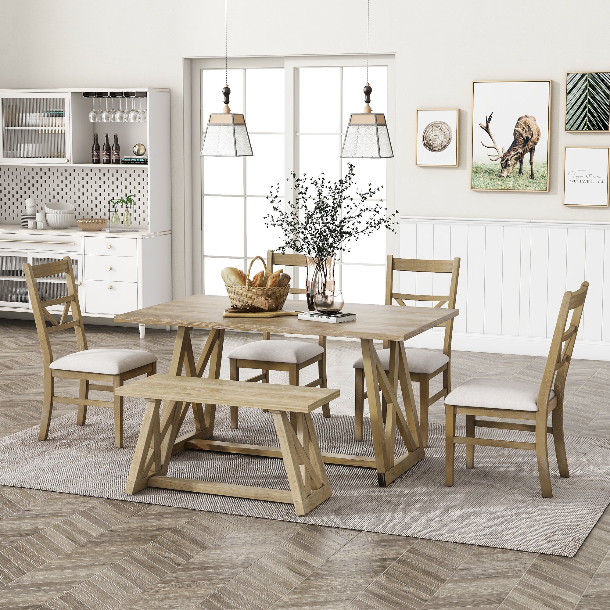 Farmhouse Wood Rectangular Dining Table with Cross Legs, 4 Upholstered Chairs and Bench K3820