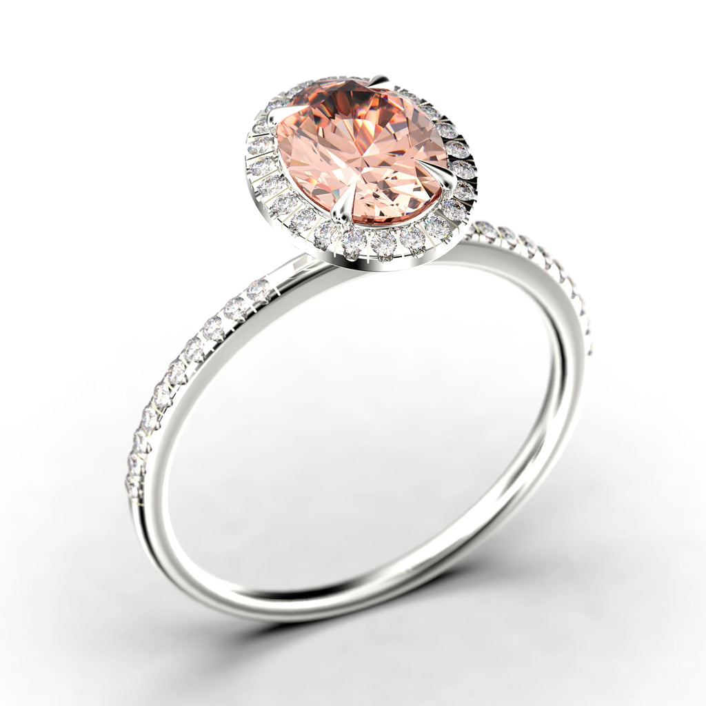 Art Deco 2.25 Carat Oval Cut Morganite And Diamond Moissanite Engagement Ring in 925 Sterling Silver With 18k White Gold Plating E5726
