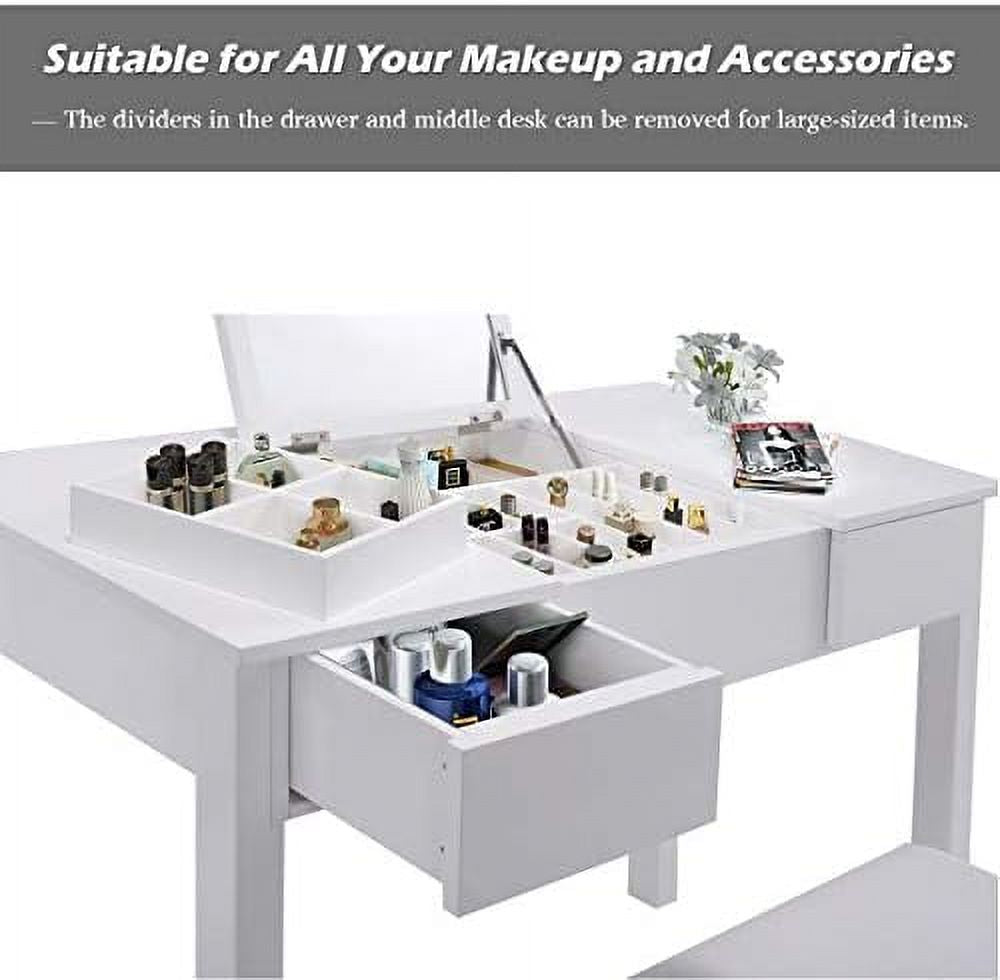 White Vanity Set with Flip Top Mirror and Cushioned Stool E7305