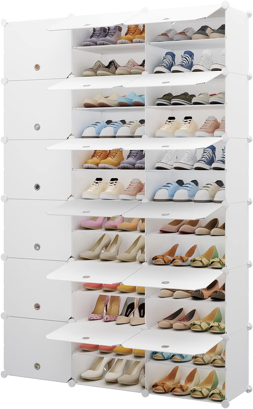 White 72 Pair Plastic Shoe Rack with Doors E775