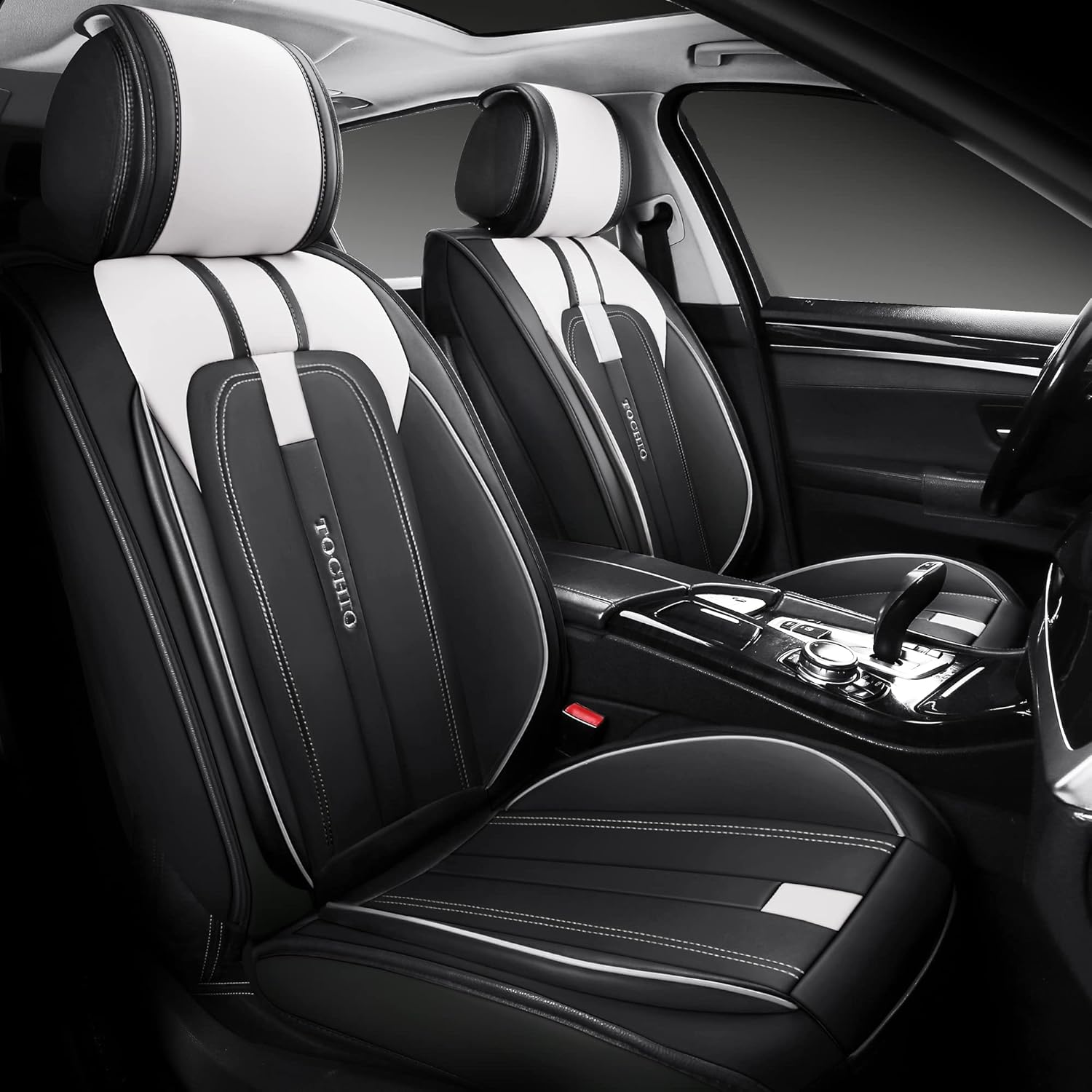 Black-White Waterproof Leather Car Seat Covers Full Set B82913