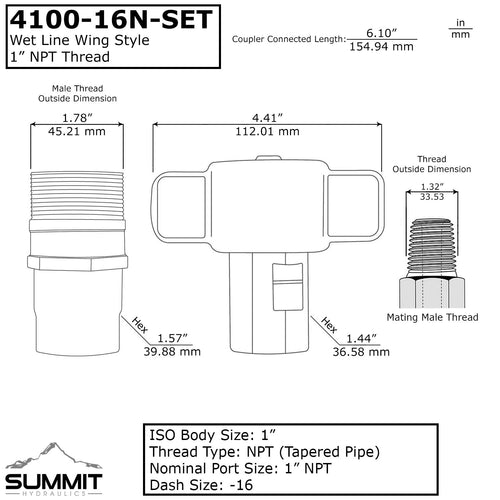 1" NPT Wet-Line Wing Nut Hydraulic Quick Disconnect Coupler Set of 2 U764586