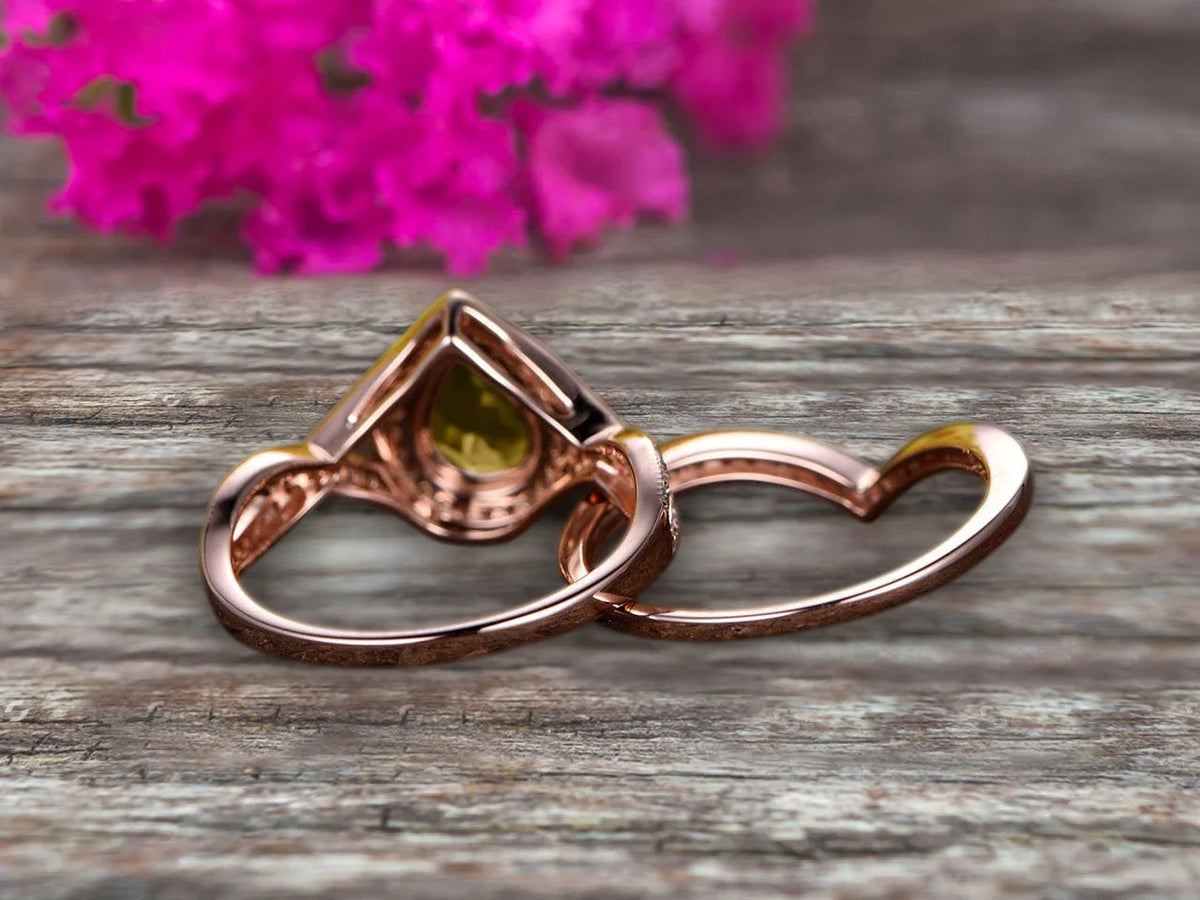 Pear Shape Champagne Diamond Moissanite Ring Set On 10K Rose Gold Halo Bridal Ring M638706
