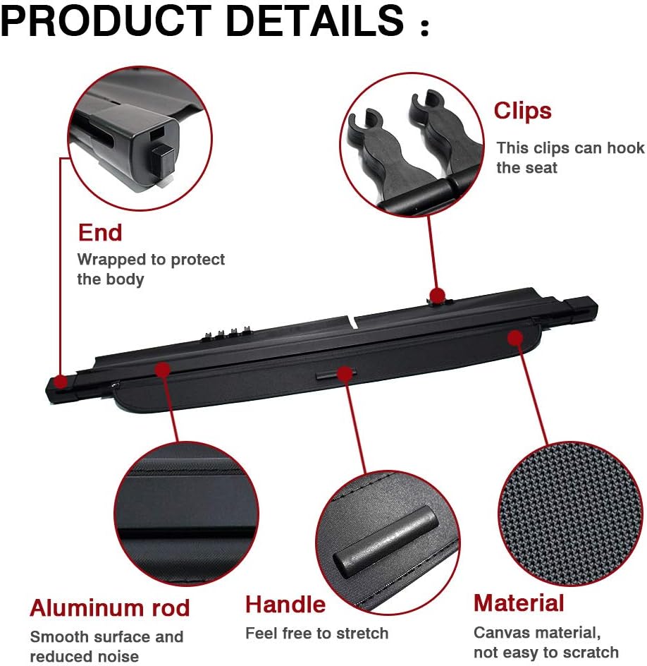 Black Retractable Rear Trunk Security Cover for Jeep Cherokee 2019-2022 C81515