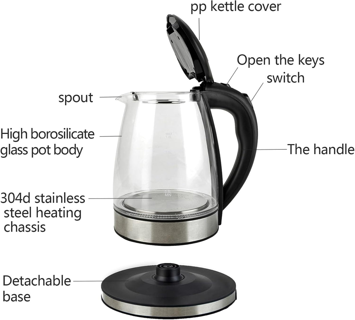 1.8L Glass Electric Kettle with Stainless Steel Lid E502274