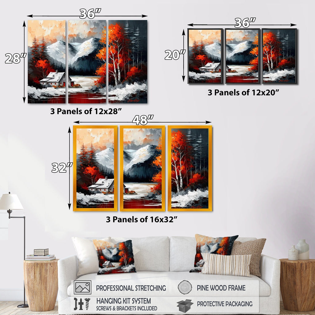 Cabin In The Woods In Winter V Lake House Cottage Canvas Art Print - 3 Panels 36 in. wide x 28 in. high R826