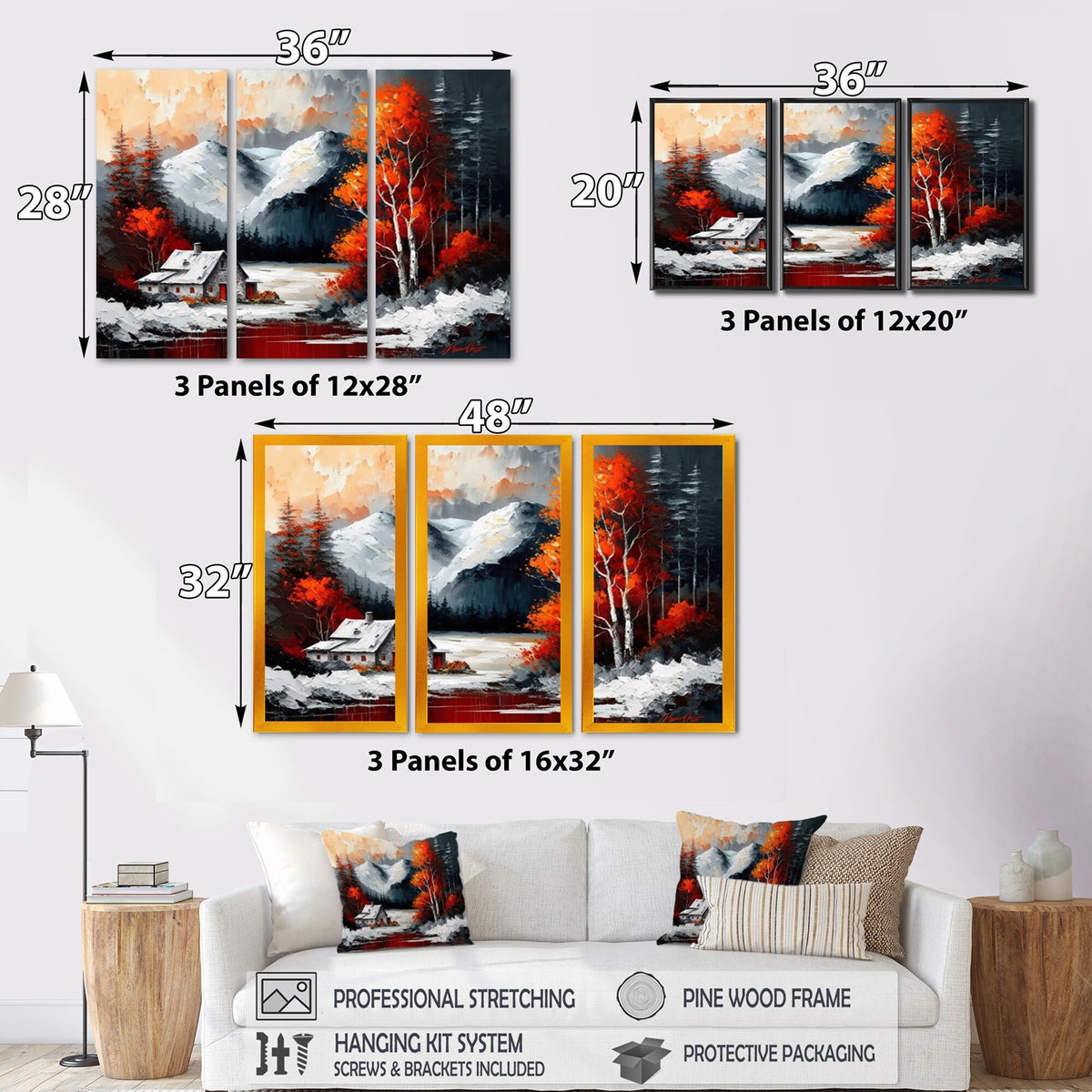 Cabin In The Woods In Winter V Lake House Cottage Canvas Art Print - 3 Panels 36 in. wide x 28 in. high R826