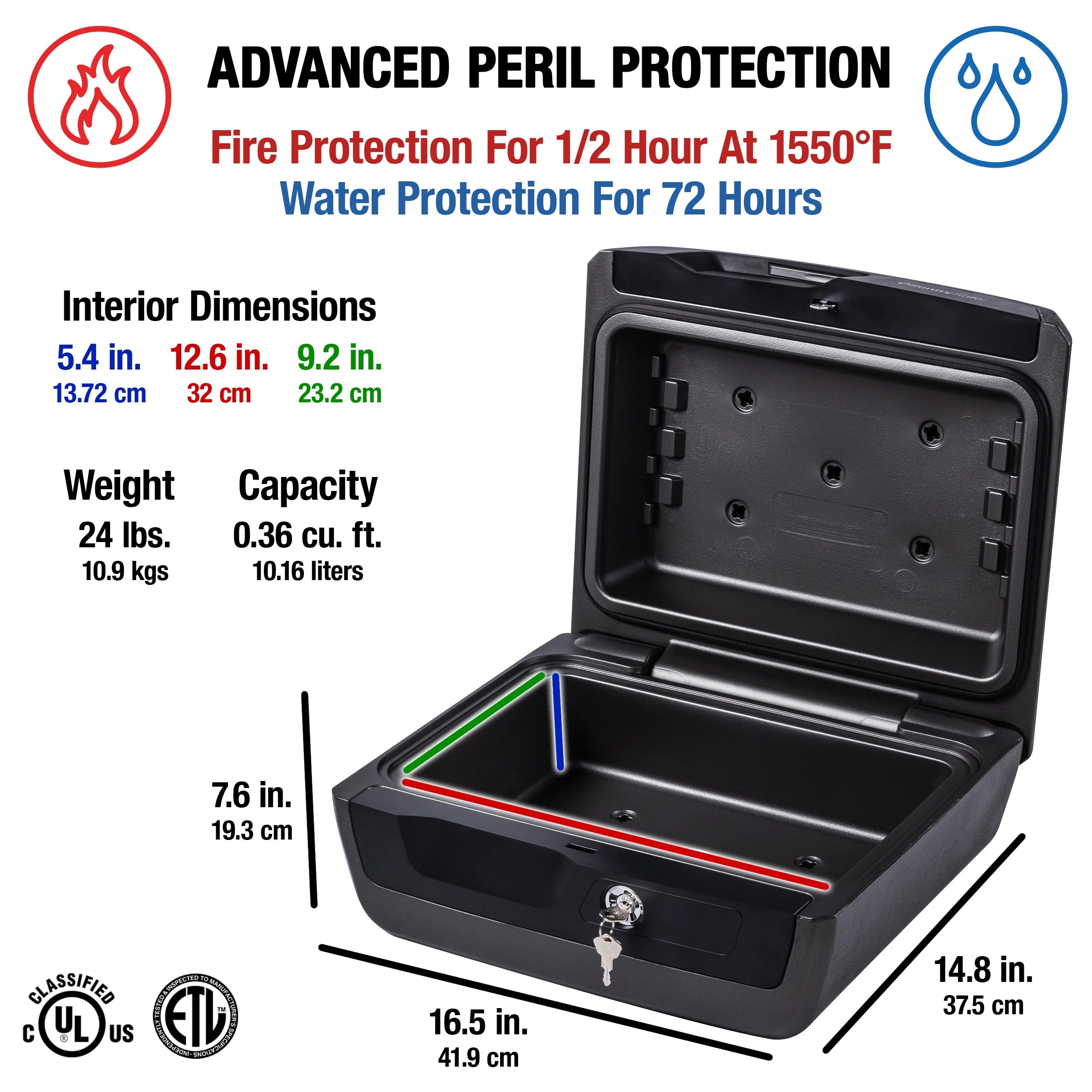 Fire-Resistant and Water-Resistant Safe Box with Key Lock, 0.36 Cu. ft. O50887