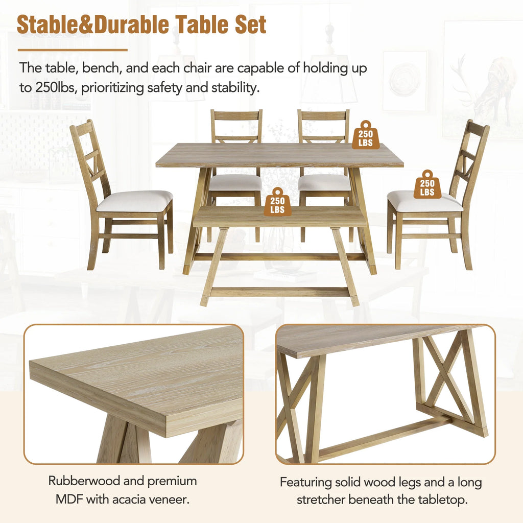 Farmhouse Wood Rectangular Dining Table with Cross Legs, 4 Upholstered Chairs and Bench K3820