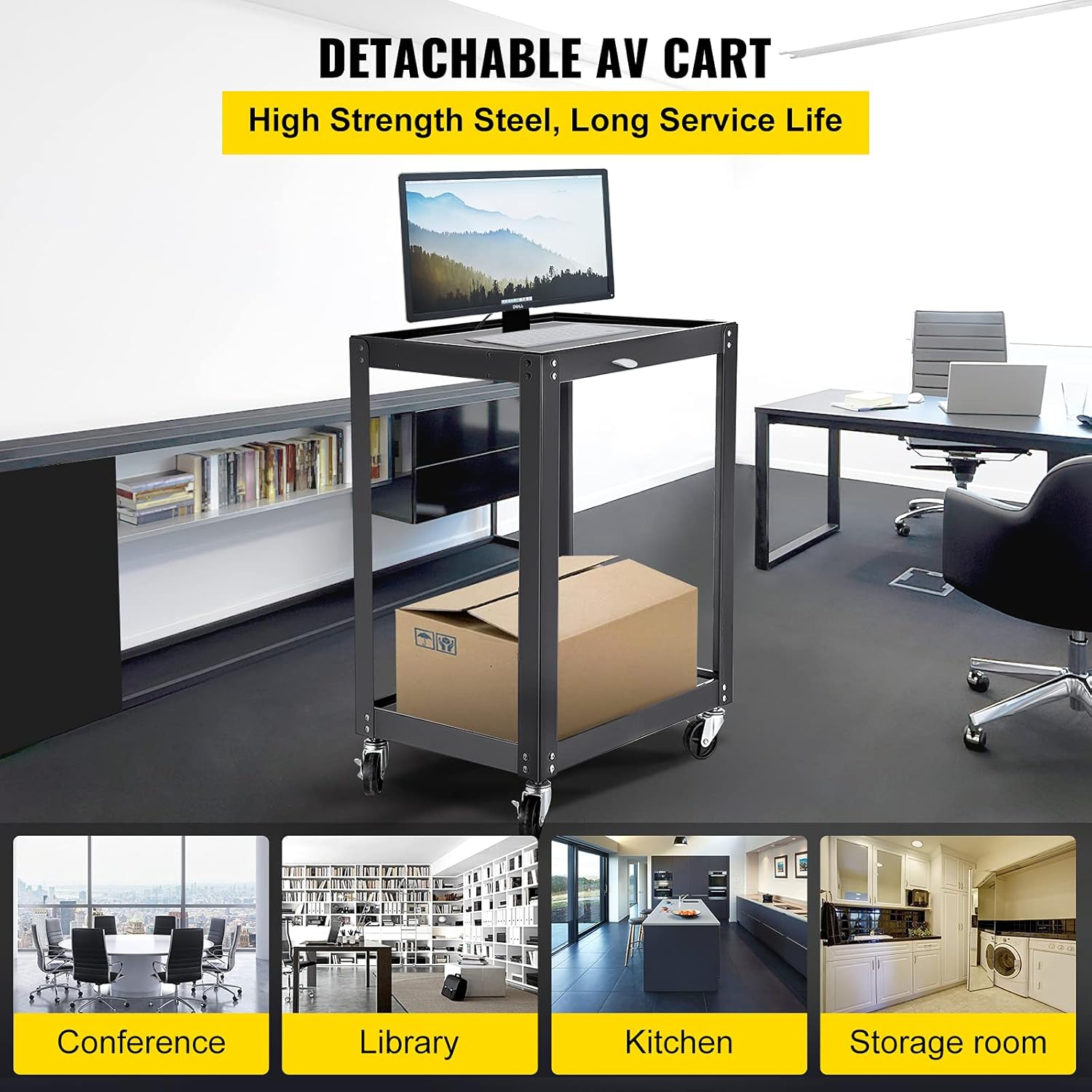 AV Cart with Power Strip, 2 Shelves, 4 Rolling Casters and 2 Locking Brakes O92337