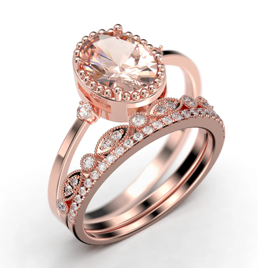 2.35 Carat Oval Cut Morganite And Diamond Moissanite Engagement Ring In 925 Sterling Silver With 18k Rose Gold Plating C4324