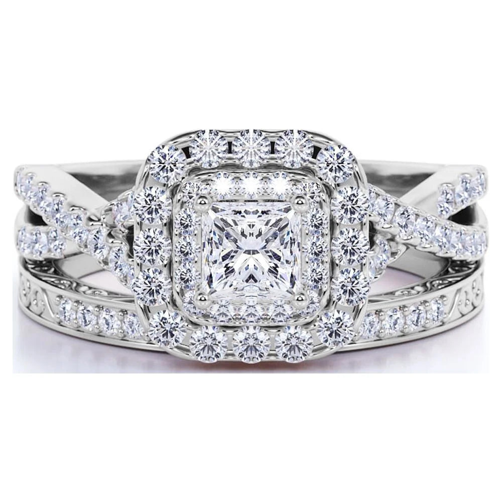 18K White Gold over Silver Moissanite Wedding Ring Set M49044