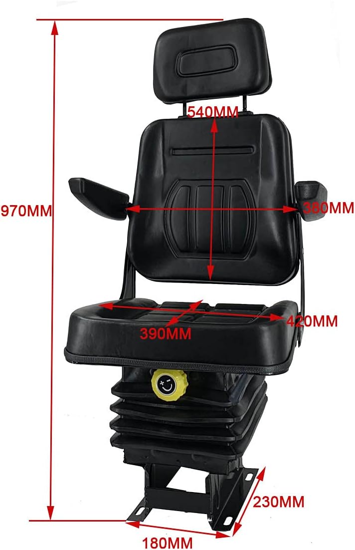 Suspension Seat with Adjustable Backrest Headrest Forklift Seat Replacement with Fold Up Armrests, Black G26943