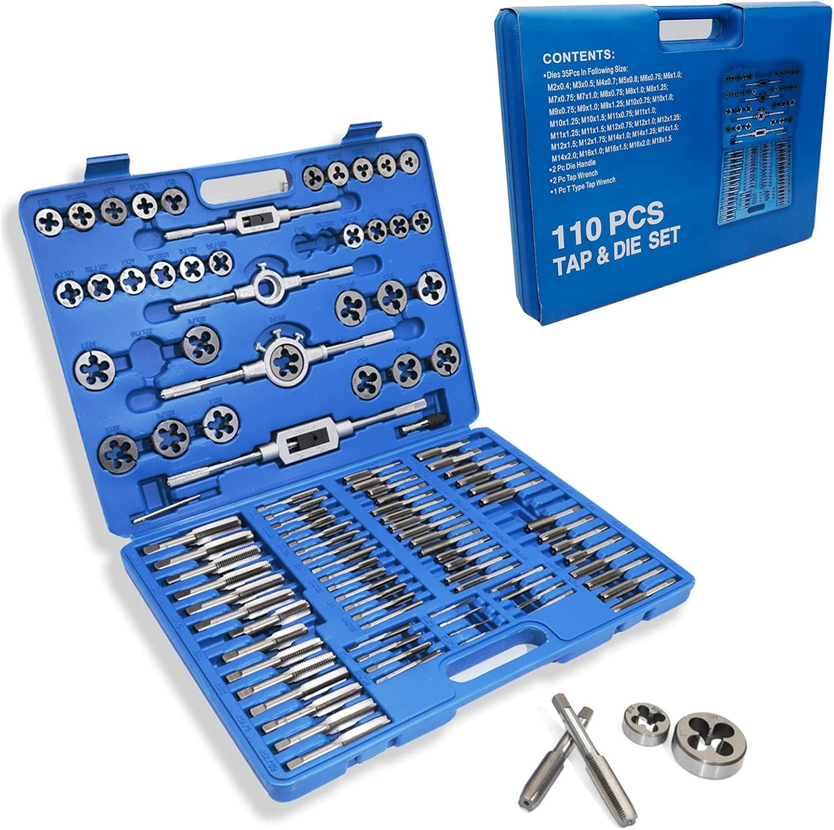 110PCS Hardened Alloy Steel Metric Tap and Die Tool Set with Storage Case K7200
