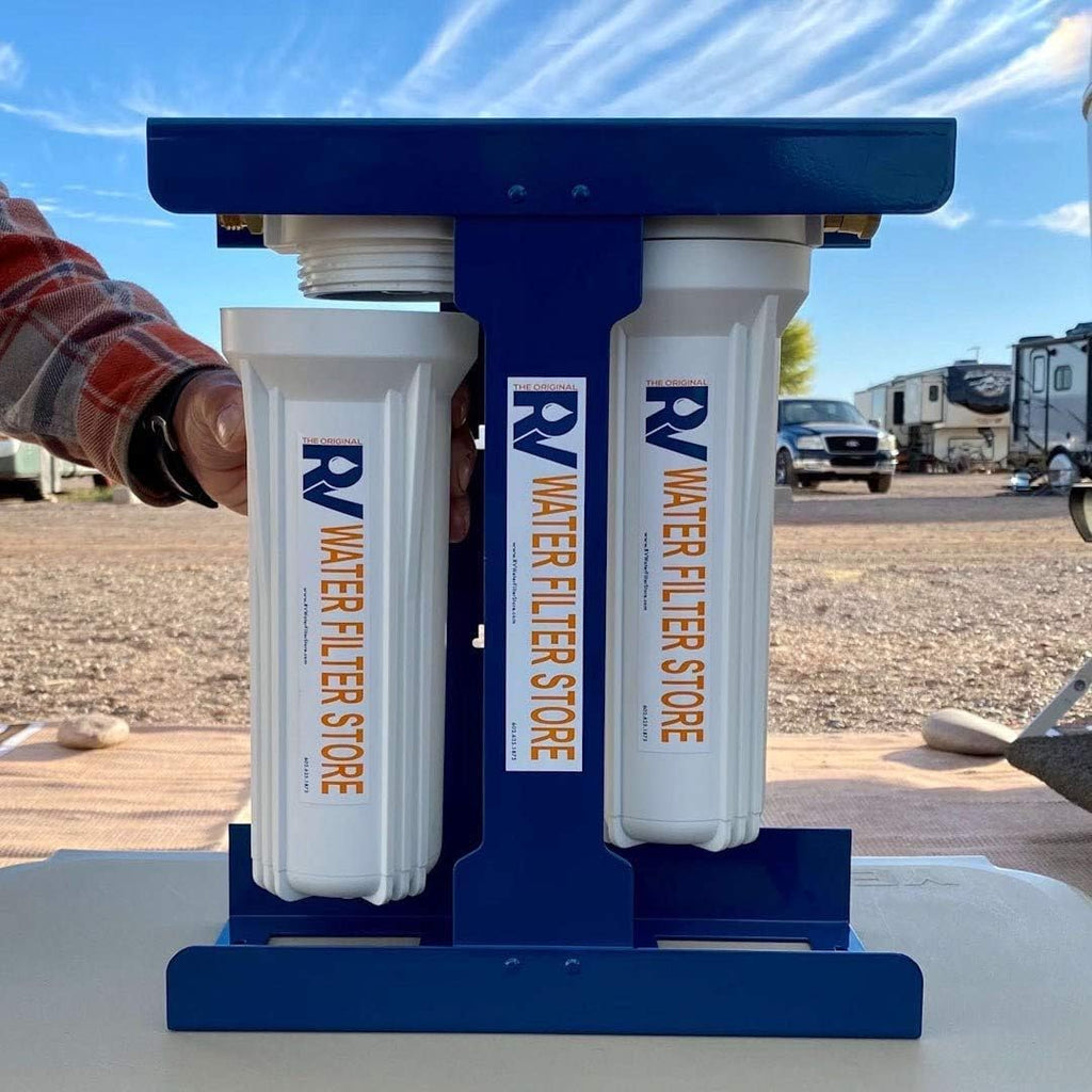 RV Water Filter System with Universal Blue Cage Mounting Bracket and Brass Hose Fittings X4663