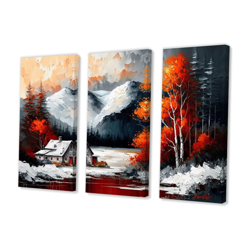 Cabin In The Woods In Winter V Lake House Cottage Canvas Art Print - 3 Panels 36 in. wide x 28 in. high R826