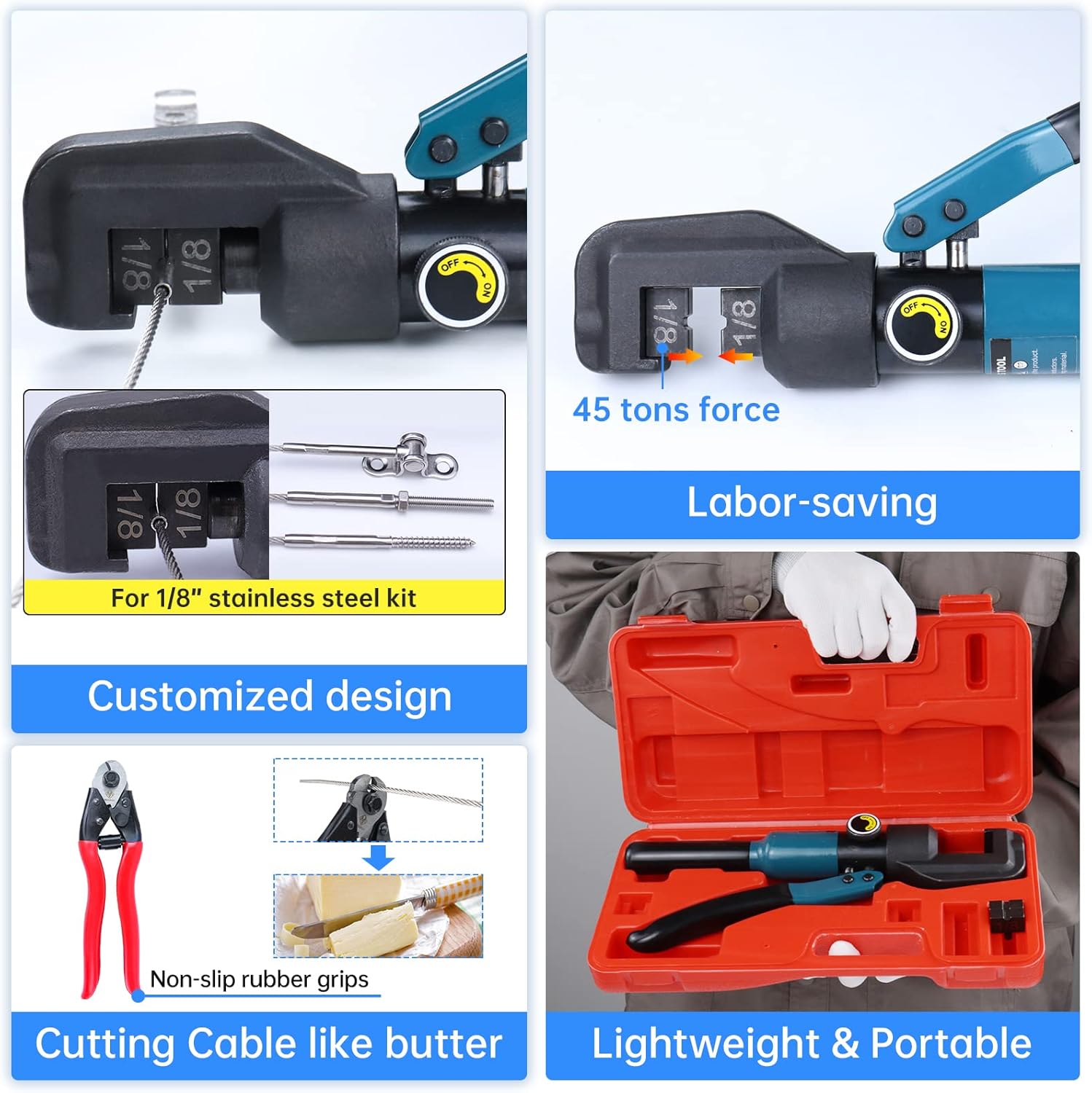 45ton Hydraulic Hand Crimper Tool for 1/8" Stainless Steel Cable Railing Hardware Wire Rope Swaging with Wire Cable Cutter H5203