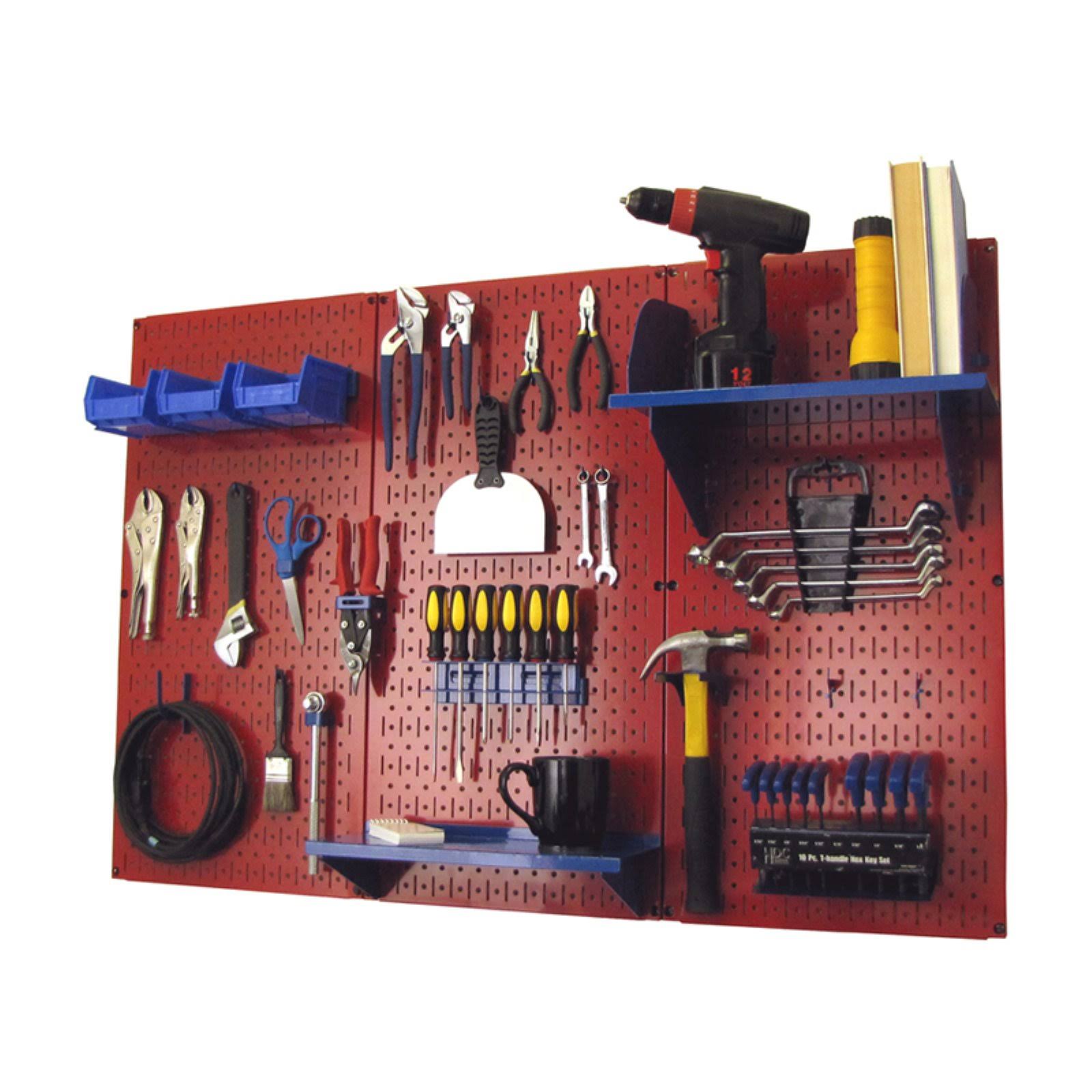 Red Metal Pegboard Tool Storage Kit with Blue Accessories D229321