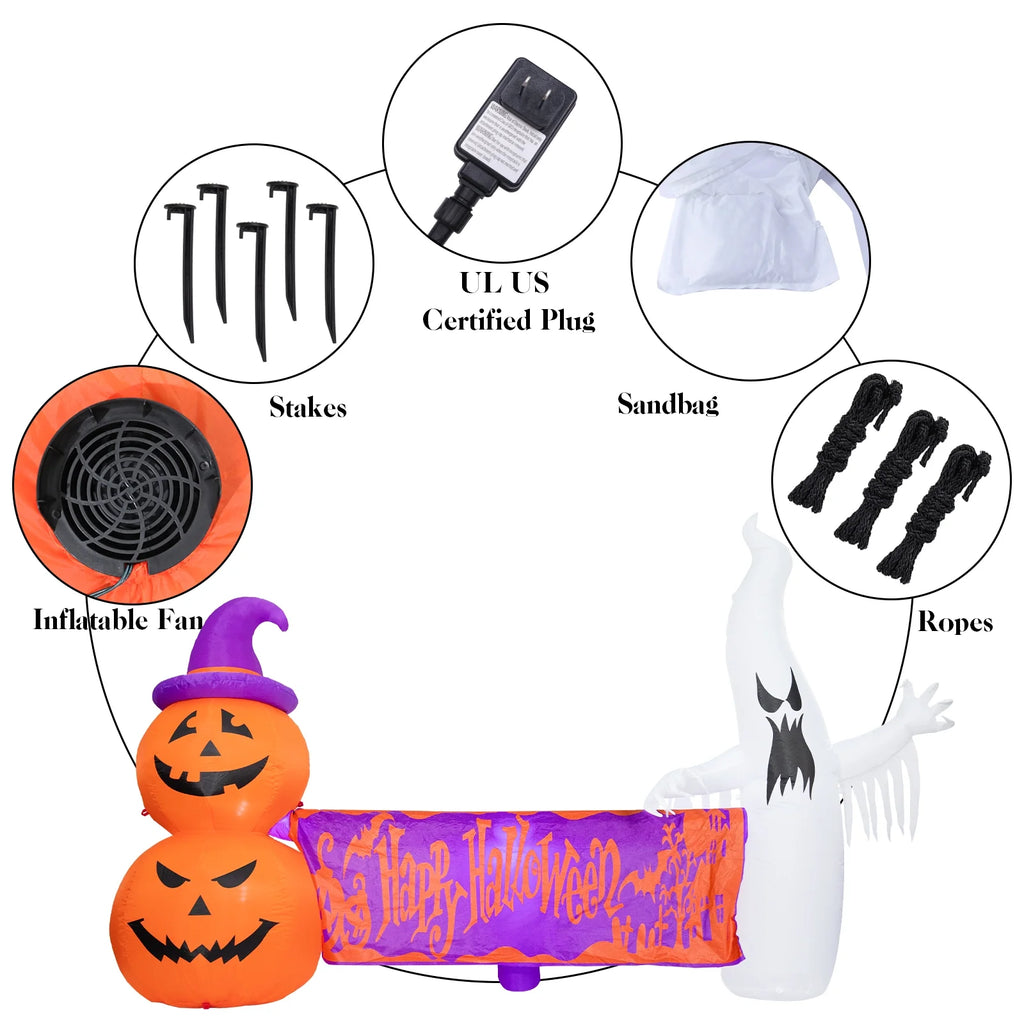8FT Halloween Inflatables Outdoor Decoration Ghost Pumpkin Holding Happy Halloween Banner with Built-in Lights C680110