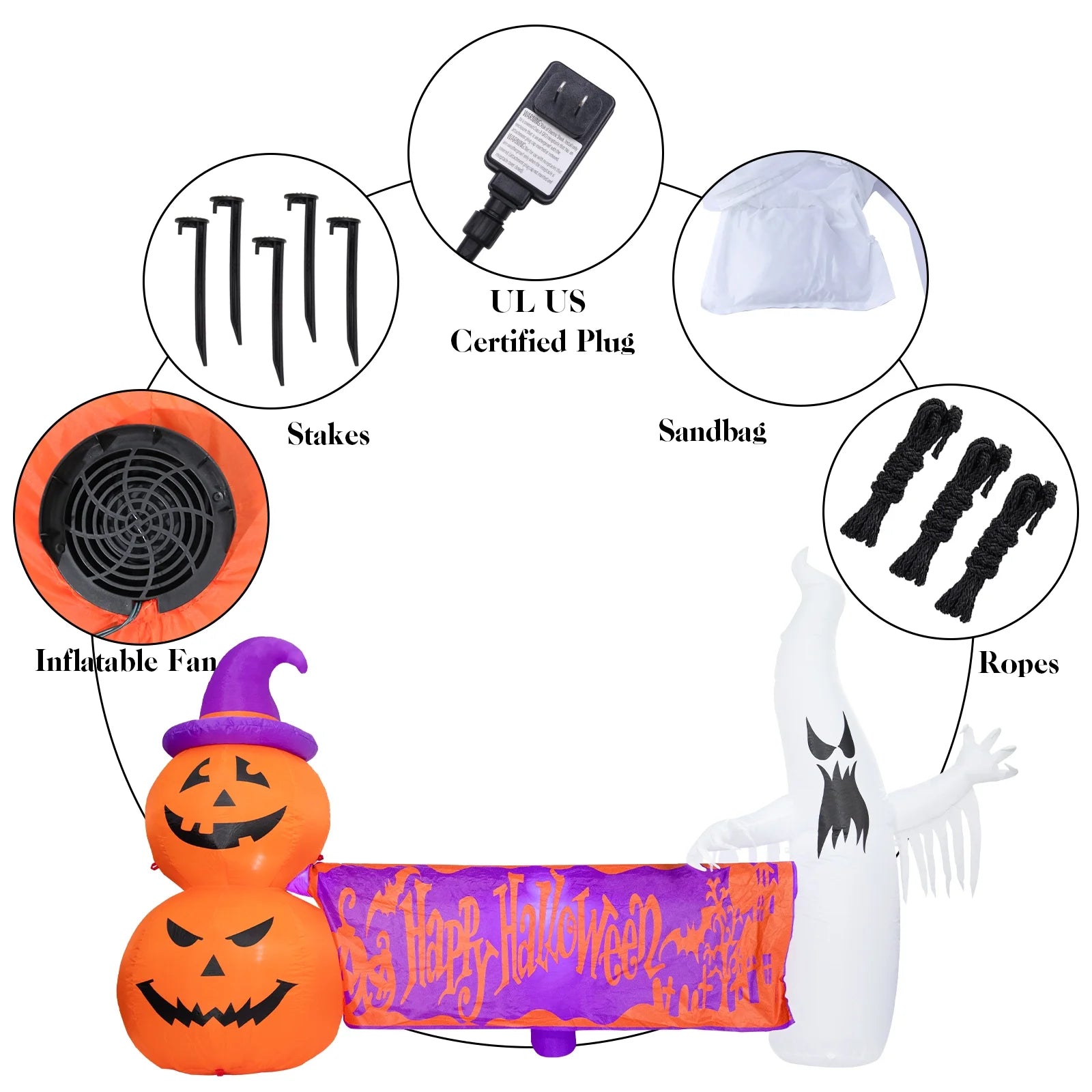 8FT Halloween Inflatables Outdoor Decoration Ghost Pumpkin Holding Happy Halloween Banner with Built-in Lights C680110