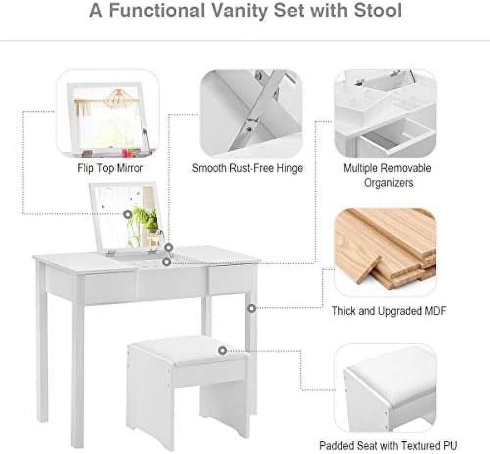White Vanity Set with Flip Top Mirror and Cushioned Stool E7305