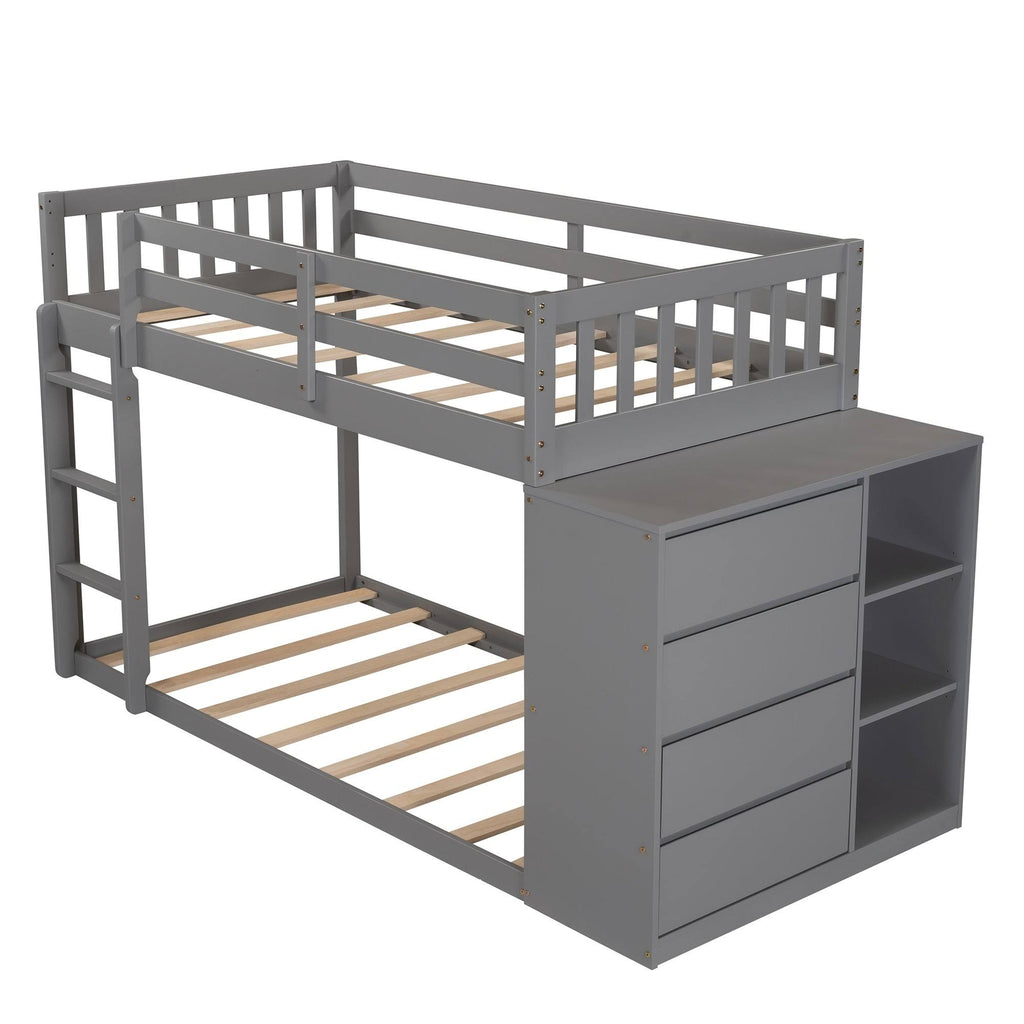Gray Twin Over Twin Bunk Bed with 4 Drawer Storage Cabinet W64664