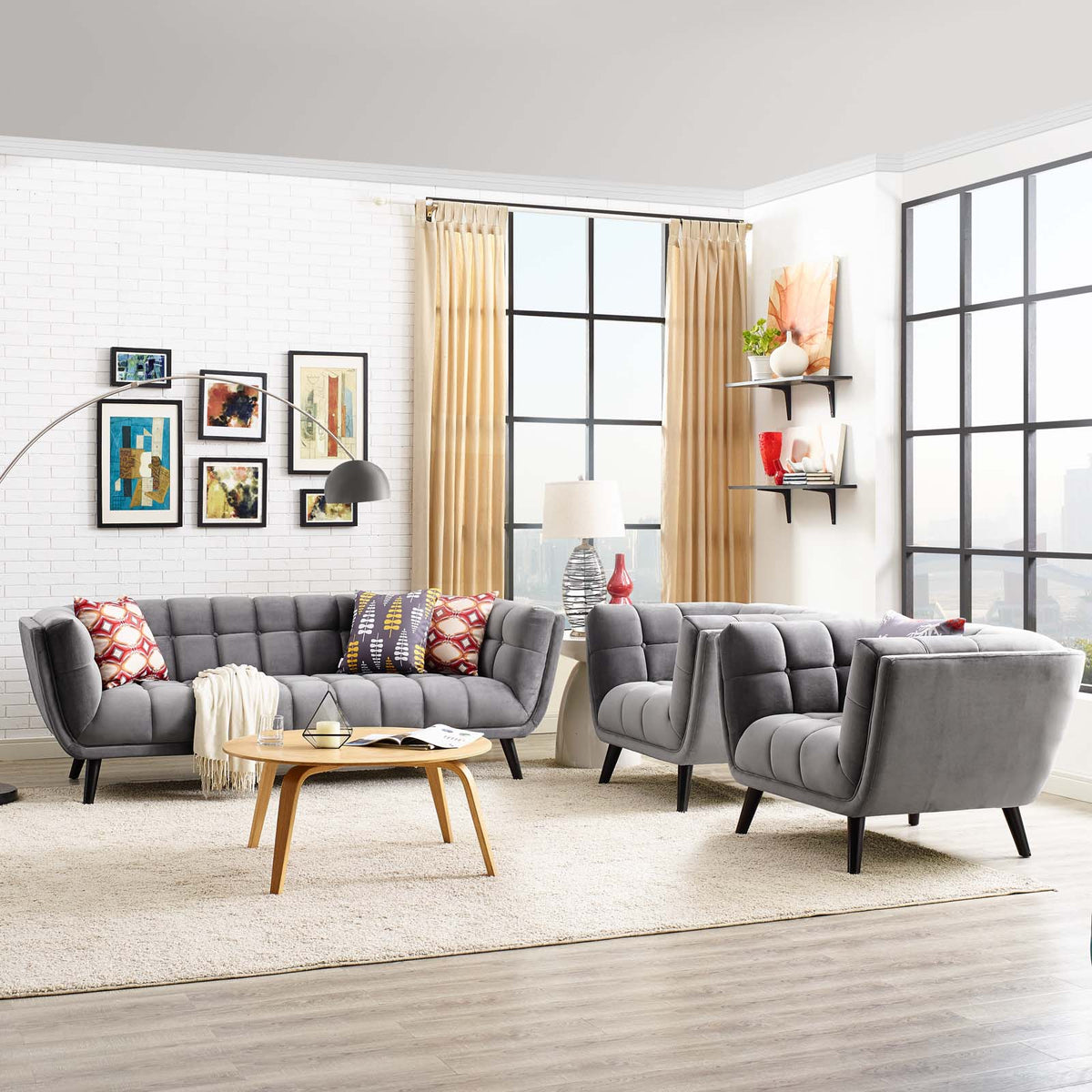 Grey Velvet Armchair and Sofa Set U602541