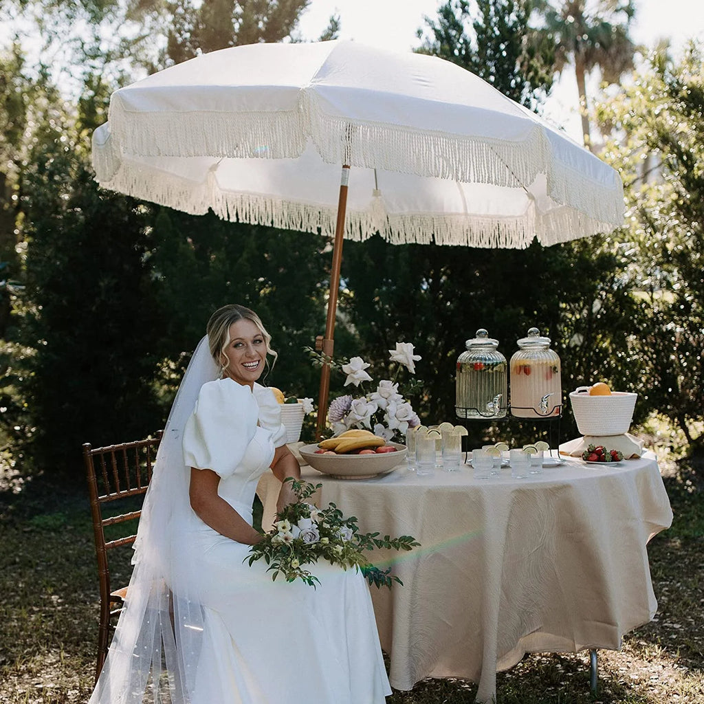 White Cream 7ft Patio Umbrella with Fringe L1201